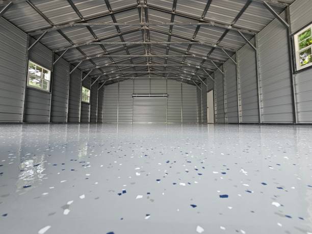 Steel Building Interior — Blue Flake Epoxy Floor
