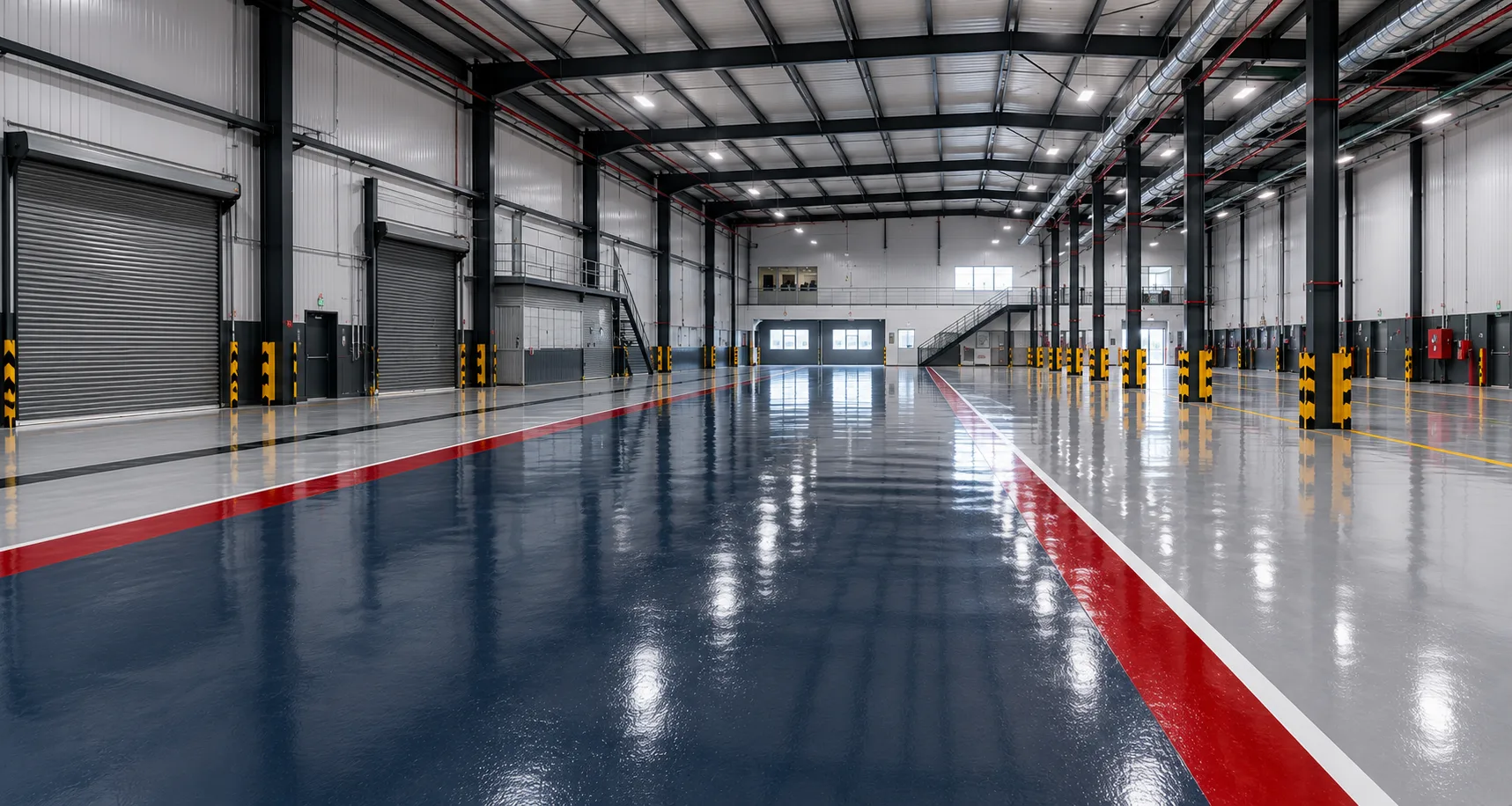 Premium navy and red epoxy flooring installed in a FLOREX ENTERPRISES industrial warehouse