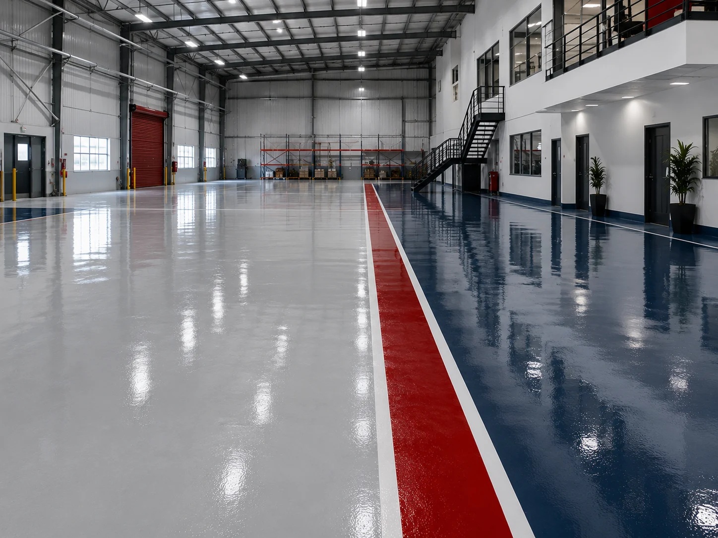 Glossy navy and red epoxy flooring finished by FLOREX ENTERPRISES in a large industrial facility
